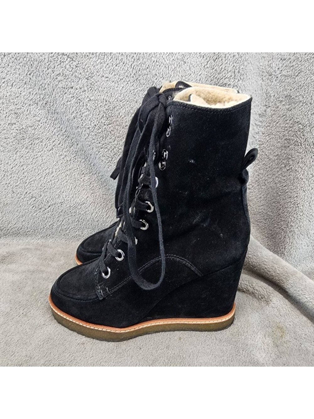 Veronica Beard Shoes Womens Size 7 Black Shearling Lace Up Wedge Boots *Read*